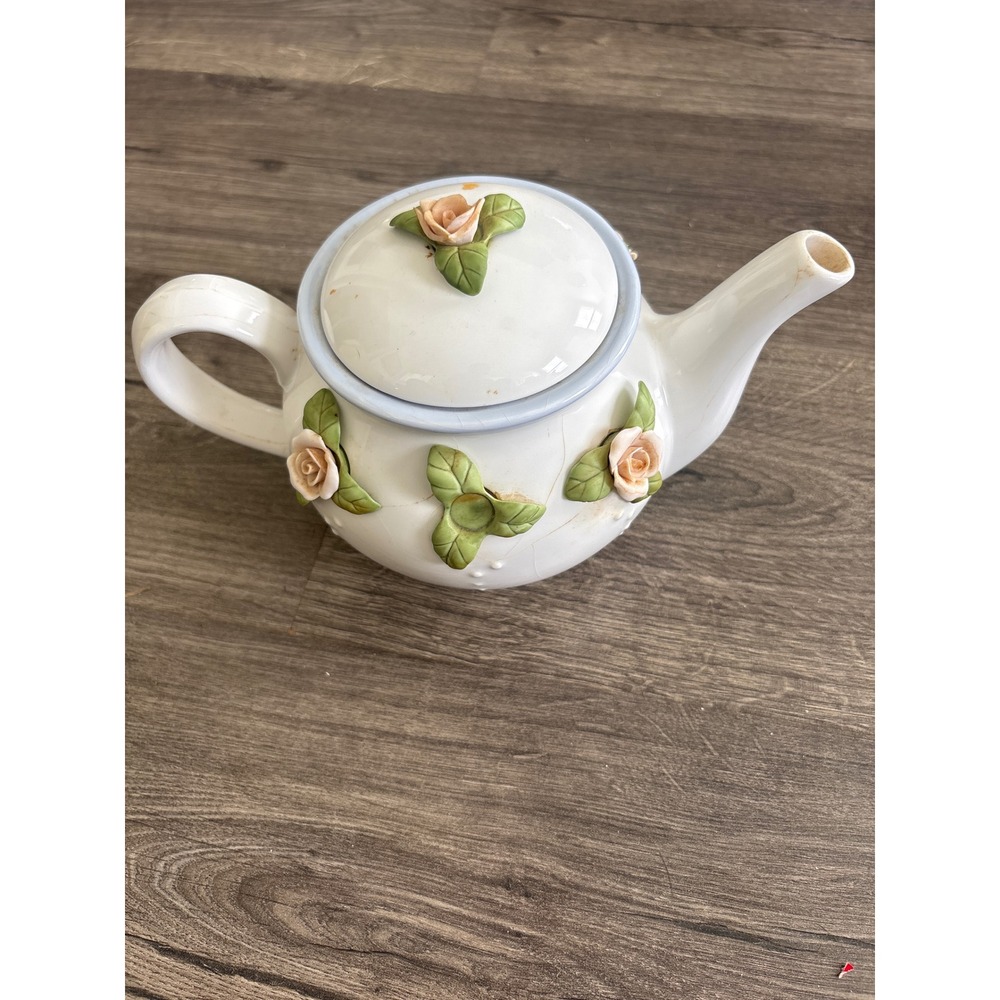 Teleflora Gift White Ceramic Teapot with 3D Pink Roses and Blue Trim Vintage